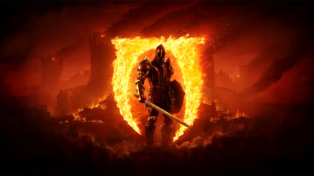 A soldier stands before flames in key art for The Elder Scrolls IV: Oblivion.